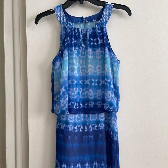 NY Collection Dresses | NY Collection Petite Sleeveless Chiffon Keyhole Tiered Maxi Blue Multi Dress | Color: Blue | Size: SP